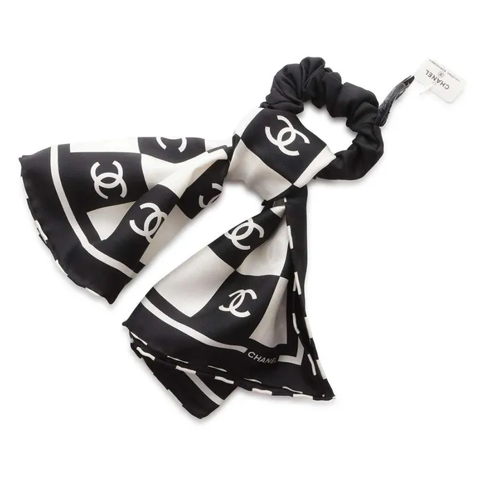 Khăn + Chun Buộc Tóc Nữ Chanel Scrunchie Coco Mark Silk Scarf Hair Màu Đen - Trắng