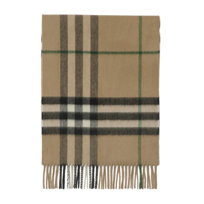 Khăn Quàng Cổ Nữ Burberry Checkered Fringed-Edge Cashmere Scarf Màu Nâu Be