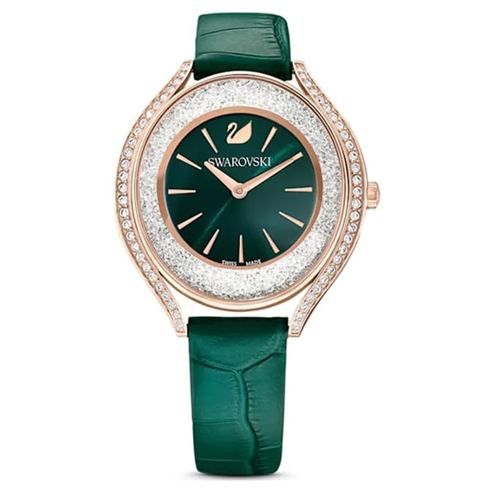 Đồng Hồ Nữ Swarovski Crystalline Aura Swiss Made Leather Strap Green Rose Gold Tone 5644078 Màu Xanh Lá