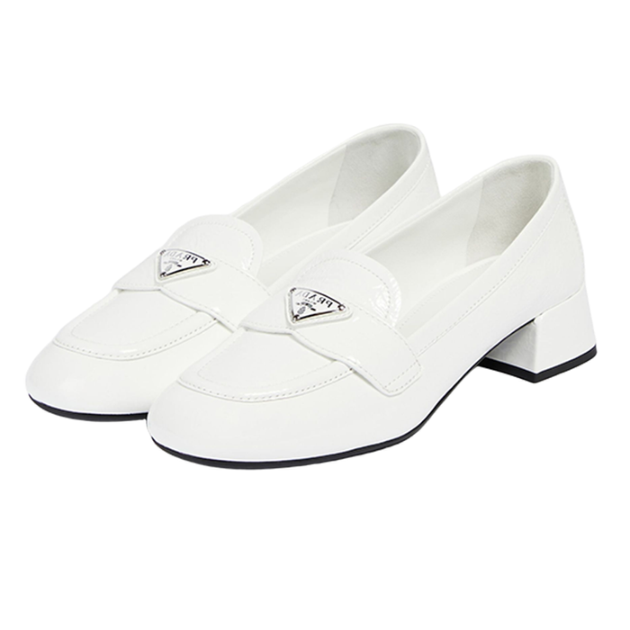 Giày Cao Gót Nữ Prada Logo Leather Loafer Pumps Elegant Màu Trắng Size 37.5