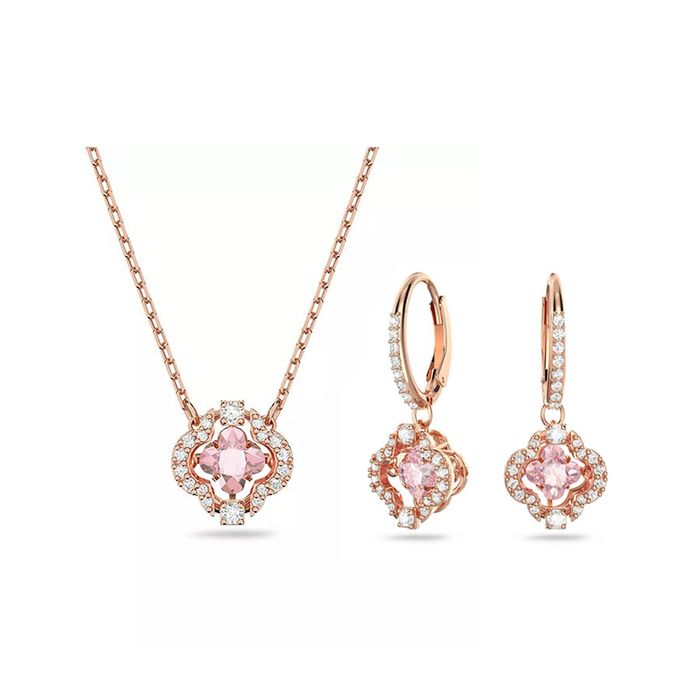 Set Dây Chuyền Và Khuyên Tai Nữ Swarovski Una Necklace Sparkling Dance Clover And Earrings Rose Gold Màu Vàng Hồng