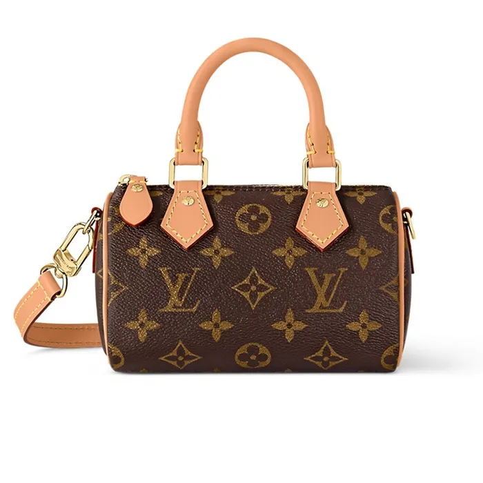 Túi Xách Tay Nữ Louis Vuitton LV Nano Speedy M81085 Handbag Strap In Brown Canvas Màu Nâu Đen