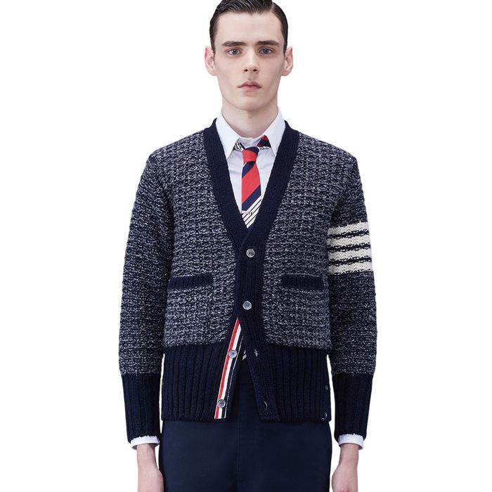 Áo Len Cardigan Nam Thom Browne 4-Bar Mélange-effect MKC510A  Màu Xanh Xám Size 1