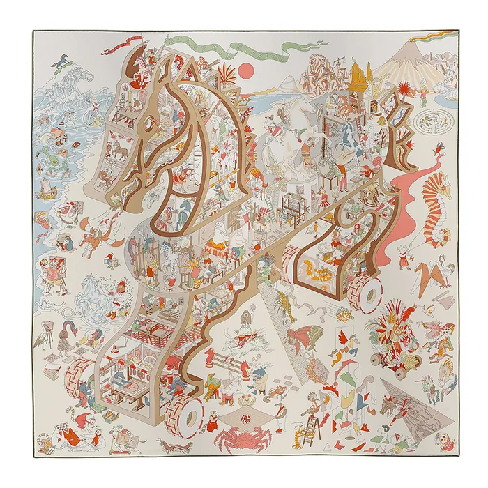 Khăn Lụa Nữ Hermès Academia Hippica Scarf 90x90cm Màu Trắng Kem