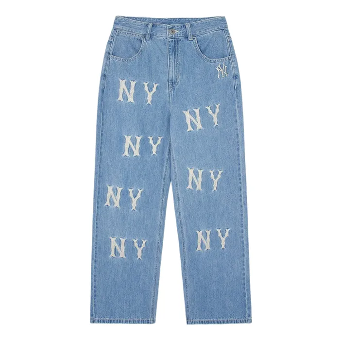 Quần Jean Nữ MLB Women's Wide Leg Basic Jeans With Embroidery Logo 3FDPB0241GP001 50BLL Màu Xanh Blue Size S