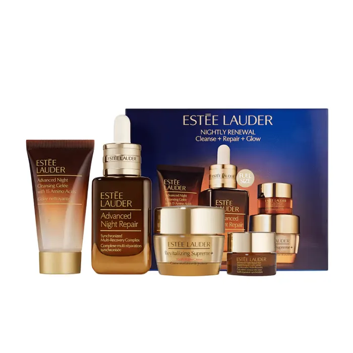 Set Dưỡng Da Estée Lauder Nightly Renewal Cleanse + Repair + Glow Holiday Skincare 4 Món