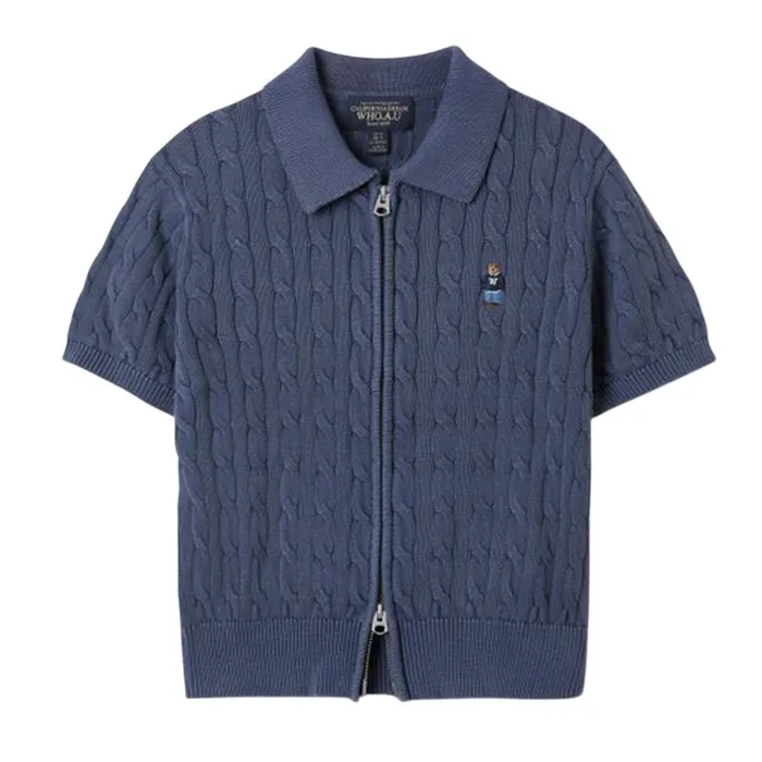 Áo Len Nữ WHOAU Steve Cable ShortSleeve Zip-up Cardigan WHCKF2431F Màu Xanh Navy Size M