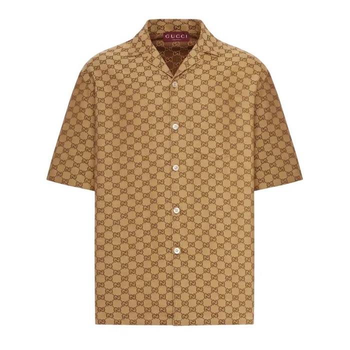 Áo Sơ Mi Nam Gucci Jacquard Vacation Linen Blend Canvas In Camel And Ebony 742707 ZAM7G 2580 Màu Nâu Size 44