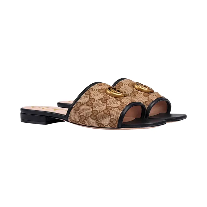Dép Nữ Gucci GG Matelassé Canvas Slip Sandals Màu Nâu Be Size 38