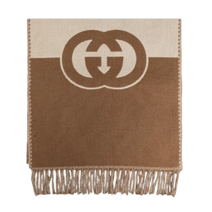Khăn Choàng Gucci Wool Scarf With Logo Silk Carré Beige Ebony Màu Nâu Be