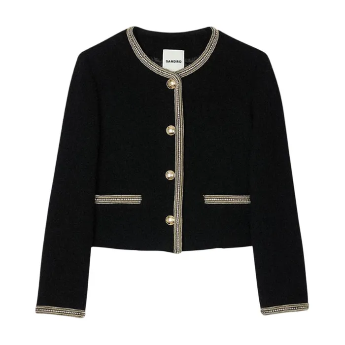 Áo Khoác Nữ Sandro Cropped Tweed Jacket Black/Gray SFPVE01071 Màu Đen Size 36