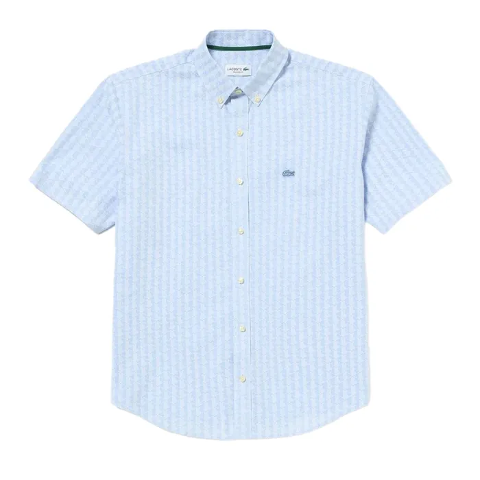 Áo Sơ Mi Cộc Tay Nam Lacoste Monogram Print Jacquard Chambray Oxford Shirt CH4730 - HBP Màu Xanh Blue Size 38