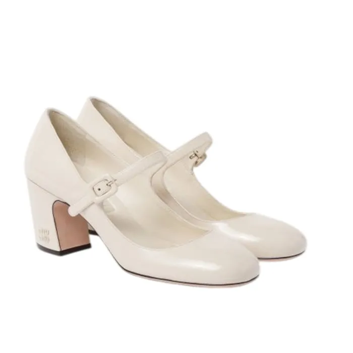 Giày Cao Gót Miu Miu Patent Leather Mary Janes Pumps 5I978D_069_F0304_F_065 Màu Kem Size 35.5