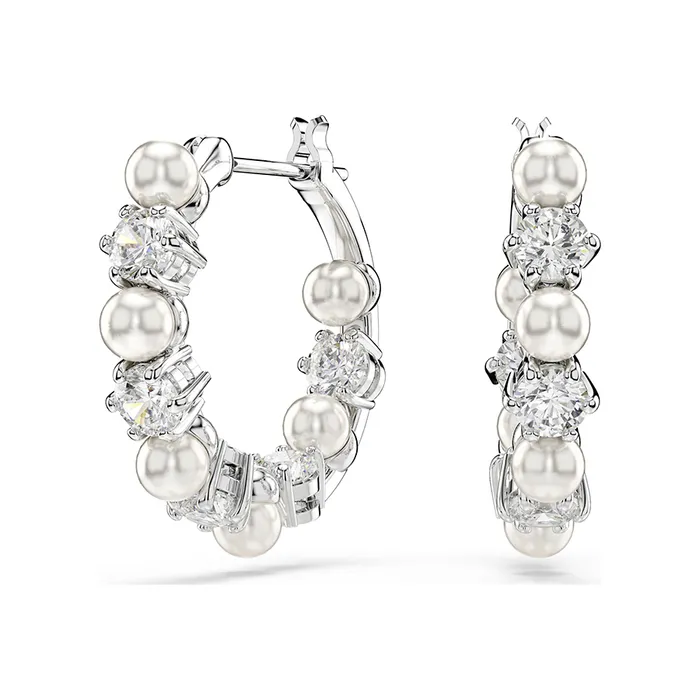 Khuyên Tai Nữ Swarovski Matrix Hoop Earrings Crystal Pearl, Round Cut, White, Rhodium Plated 5709256 Màu Bạc