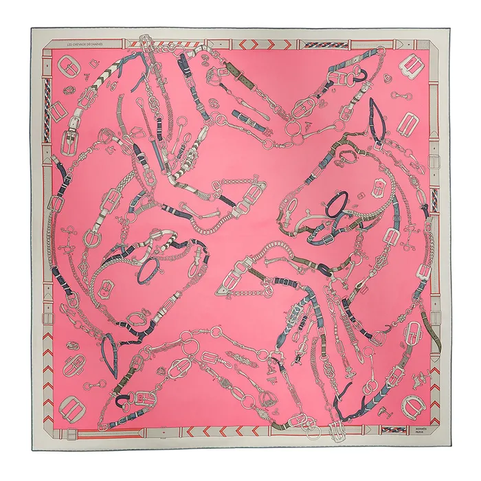 Khăn Lụa Nữ Hermès Les Chevaux Dechaines Scarf 90x90cm Rose Bonbon Acier Anthracite H004096S 09 Màu Hồng