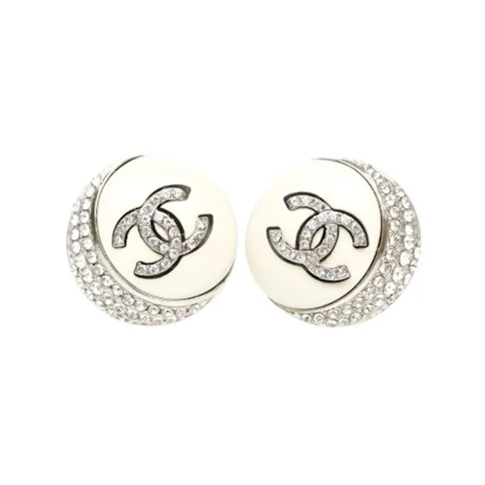 Khuyên Tai Nữ Chanel Crystal CC Round Earrings Màu Trắng Bạc