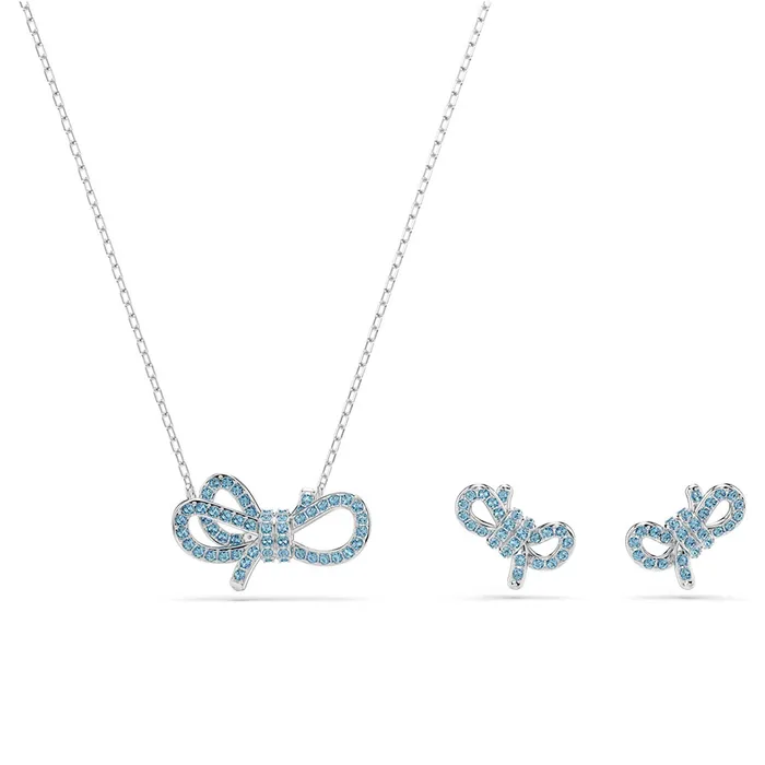 Set Dây Chuyền + Khuyên Tai Nữ Swarovski Lifelong Bow Set Bow, Blue, Rhodium Plated 5723554 Màu Xanh