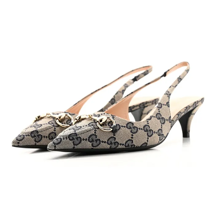 Giày Cao Gót Nữ Gucci Monogram Horsebit 35mm Slingback Pumps Beige Blue Màu Be Size 38
