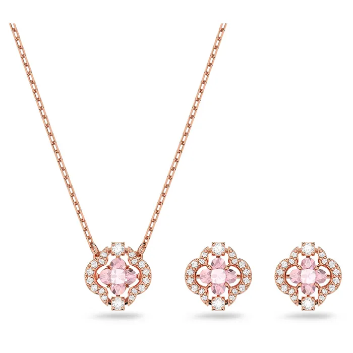 Set Dây Chuyền + Khuyên Tai Nữ Swarovski Una Set Mixed Cuts, Clover, Pink, Rose Gold-tone Plated 5516488 Màu Vàng Hồng