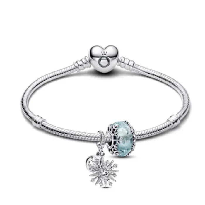 Set Vòng Đeo Tay + Hạt Vòng Charm Pandora 590719 + 792377C00 + 793512C01 Màu Bạc/Xanh Size 17