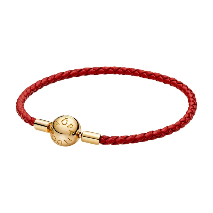 Vòng Đeo Tay Nữ Pandora 14K Gold Plated Round Clasp Bracelet With Red Leather Strap 568777C01 Màu Đỏ