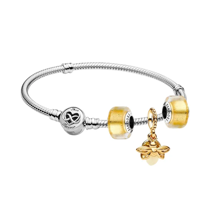 Set Vòng Đeo Tay + Hạt Vòng Charm Pandora 599365C00-769352C01-793353C00 Màu Bạc Phối Vàng Size 17