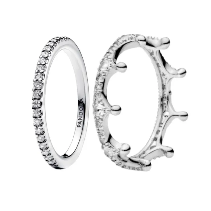 Nhẫn Đôi Pandora Silver Couple Rings With Crown And Gemstones 192999C01/197087CZ Màu Bạc Size 50