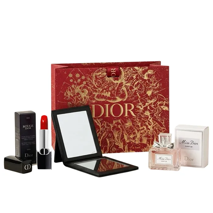 Set Nước Hoa Dior Miss Dior Parfum 5ml + Son Dior Rouge Satin 999 + Gương Đen + Túi Giấy